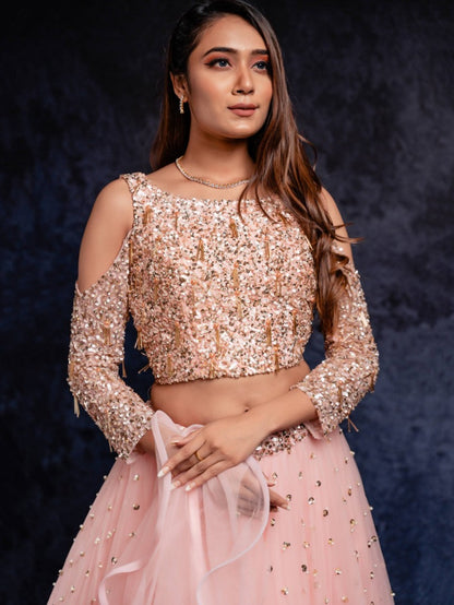 Peach net sequence work party wear lehenga choli