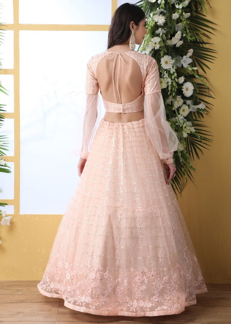 Peach net thread embroidered wedding lehenga choli