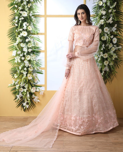 Peach net thread embroidered wedding lehenga choli