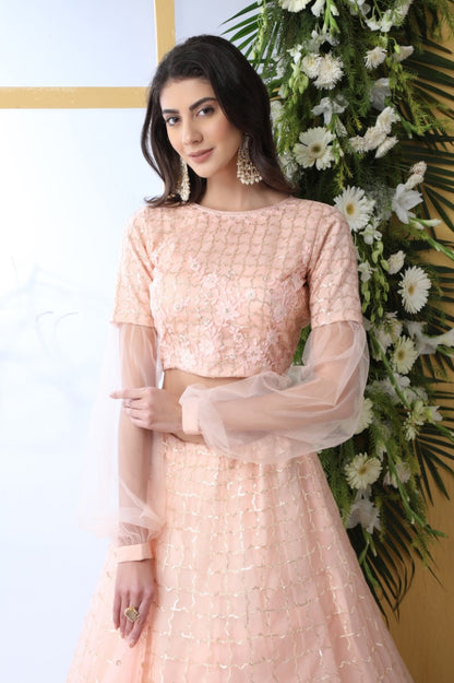 Peach net thread embroidered wedding lehenga choli