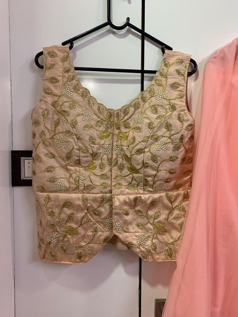 Peach net zari and thread embroidered lehenga choli