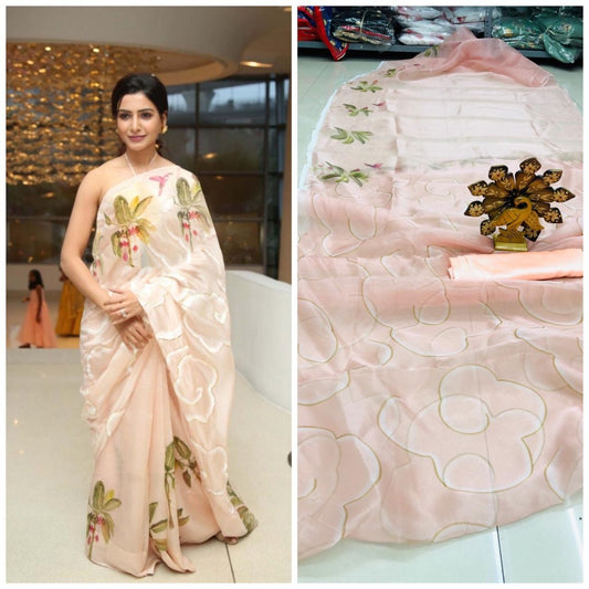 peach organza digital printed saree