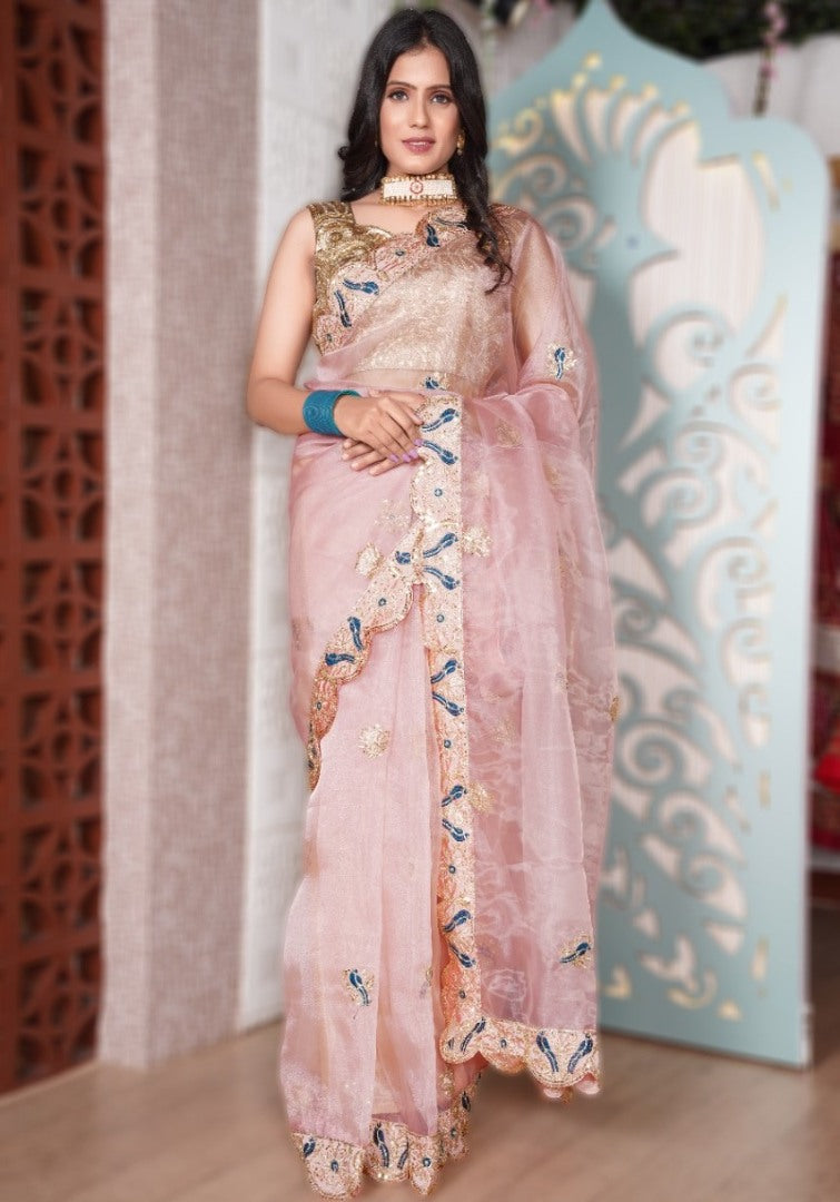 Peach organza embroidered saree