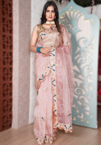 Peach organza embroidered saree