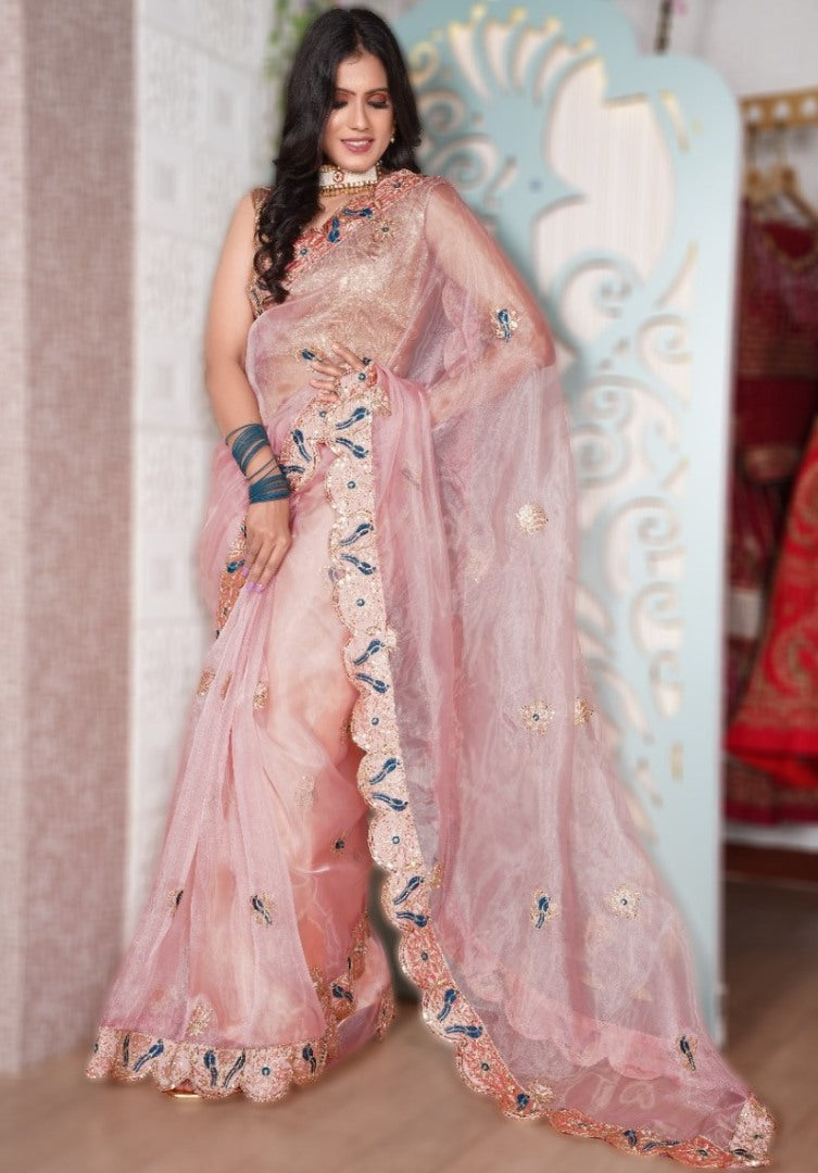 Peach organza embroidered saree
