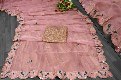 Peach organza embroidered saree