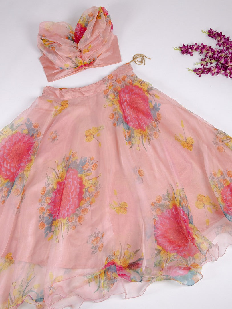 Peach organza floral printed crop top lehenga