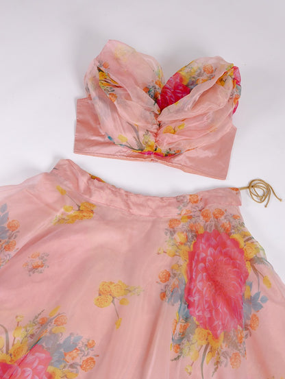 Peach organza floral printed crop top lehenga