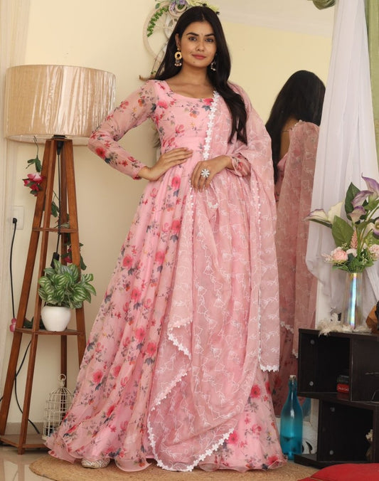 Peach organza floral printed long anarkali gown