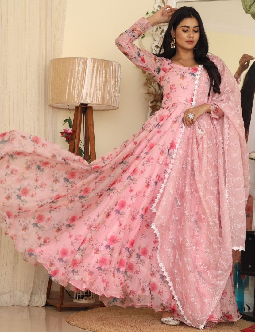 Peach organza floral printed long anarkali gown
