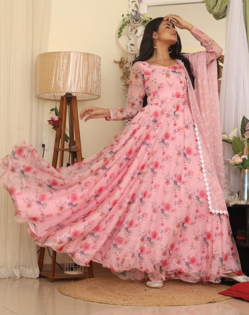Peach organza floral printed long anarkali gown