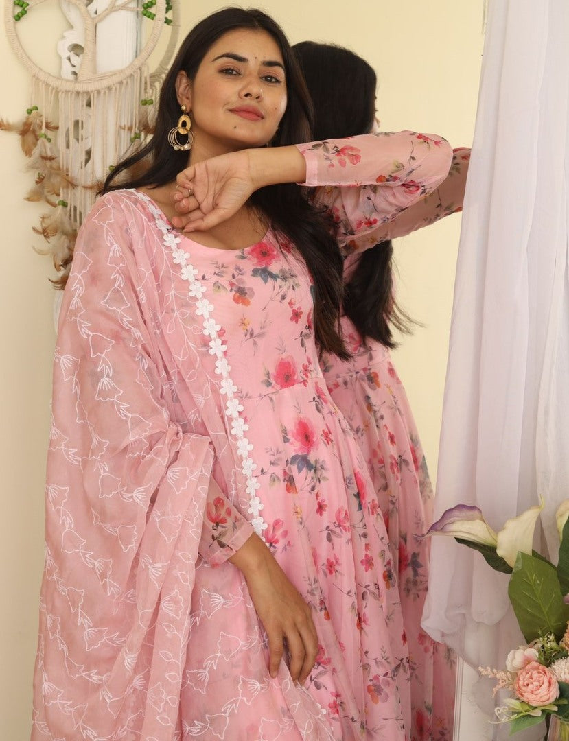 Peach organza floral printed long anarkali gown