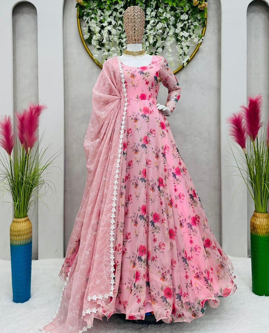 Peach organza floral printed long anarkali gown
