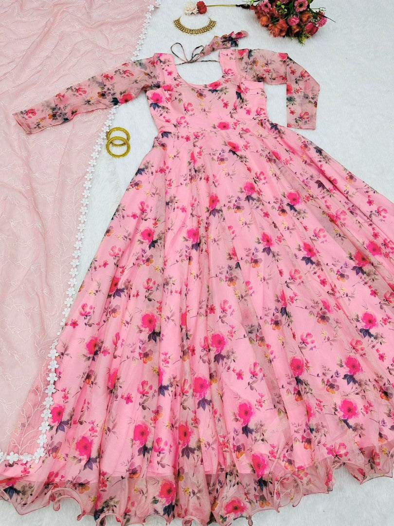 Peach organza floral printed long anarkali gown