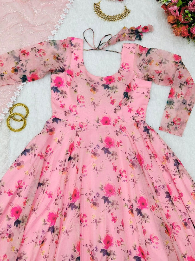 Peach organza floral printed long anarkali gown