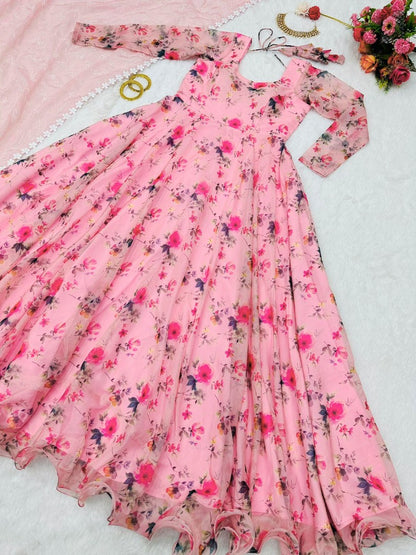 Peach organza floral printed long anarkali gown