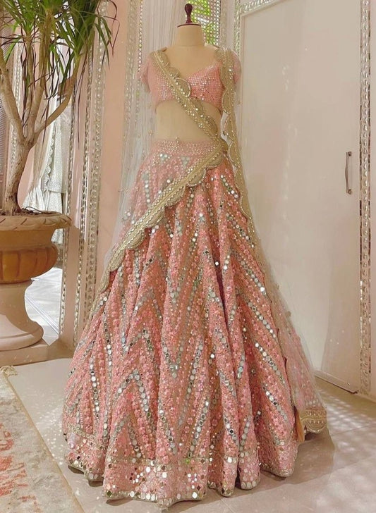Peach organza heavy pagdi and mirror work wedding lehenga choli