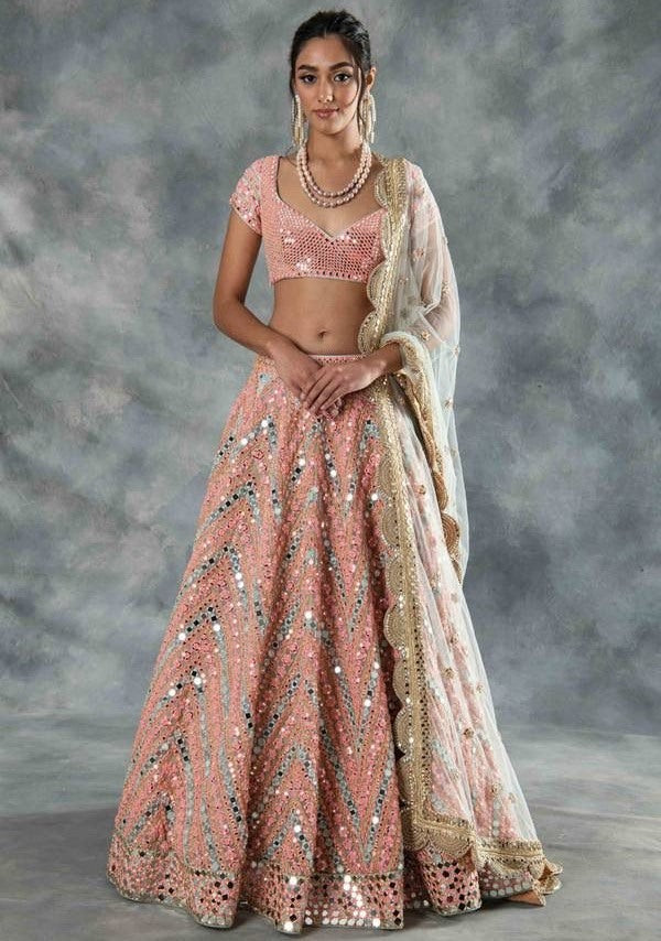 Peach organza heavy pagdi and mirror work wedding lehenga choli