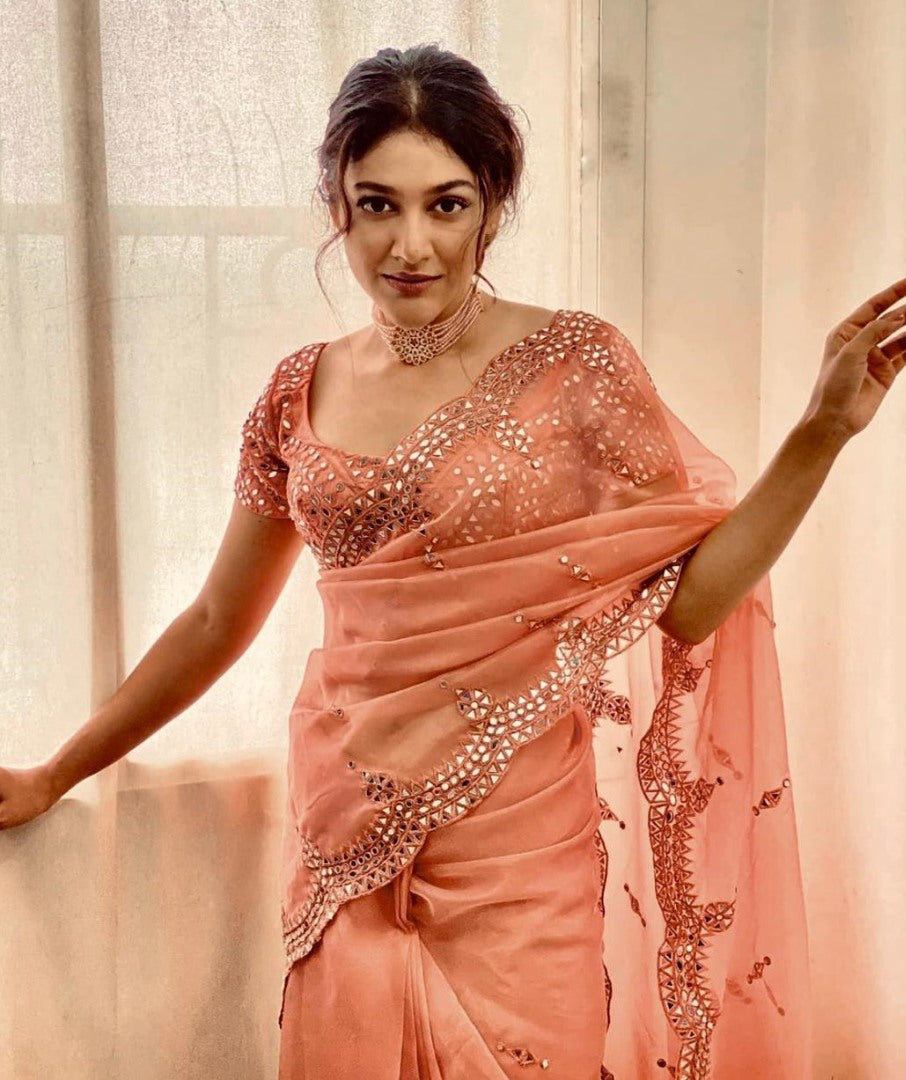Peach organza mirror work saree