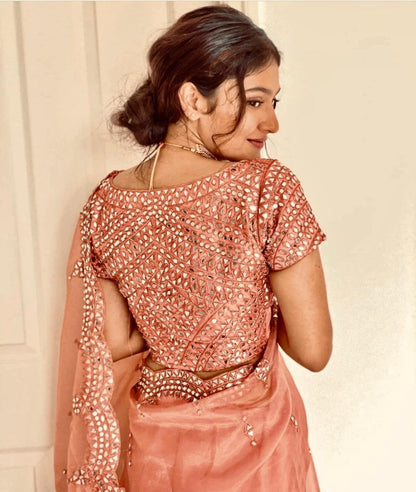 Peach organza mirror work saree