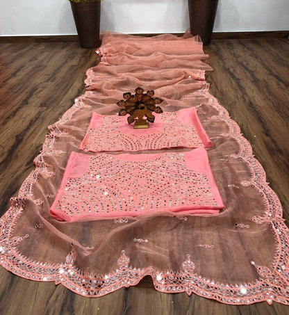 Peach organza mirror work saree