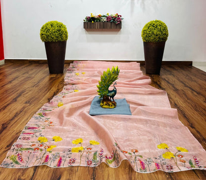 Peach organza print and hand worked saree