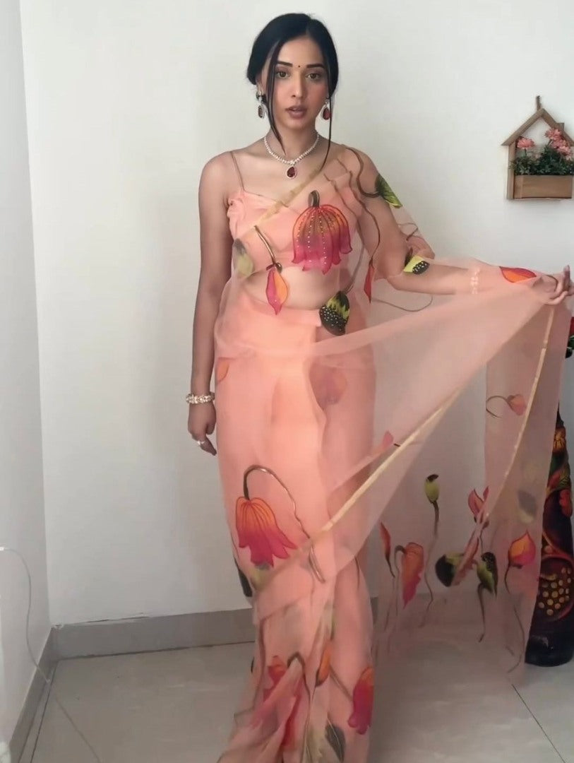 Peach organza print and handwork ready to wear saree
