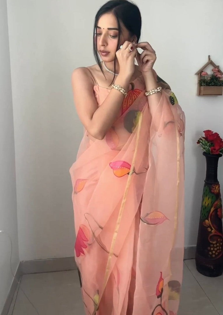 Peach organza print and handwork ready to wear saree