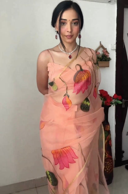 Peach organza print and handwork ready to wear saree