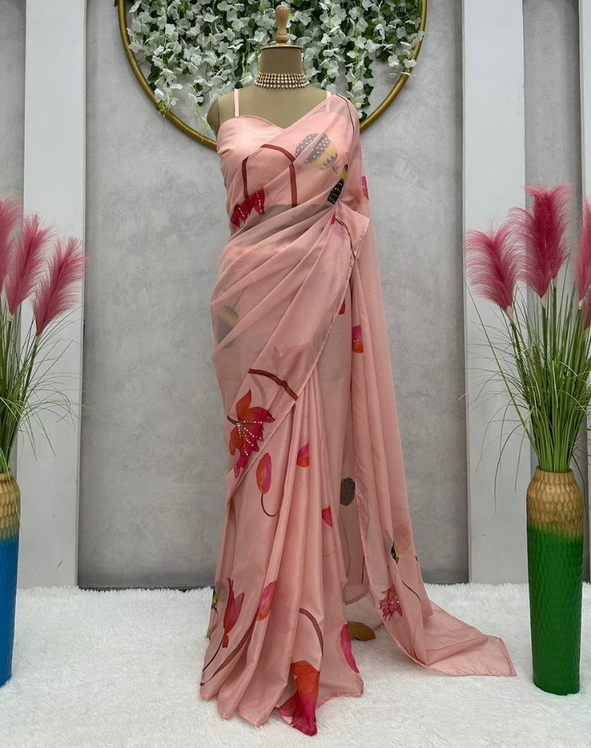 Peach organza print and handwork ready to wear saree
