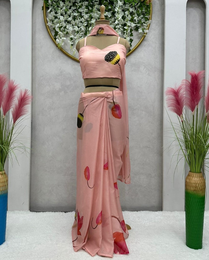 Peach organza print and handwork ready to wear saree