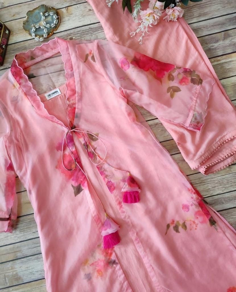 Peach organza silk printed raksha bandhan special pant suit with shrug