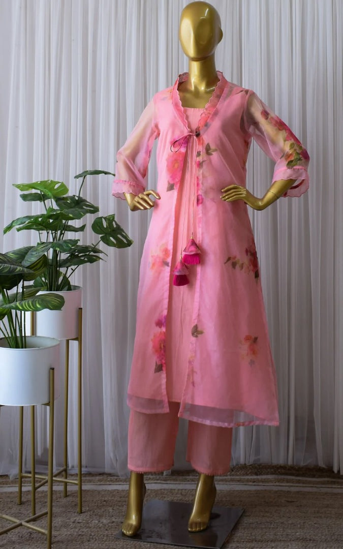 Peach organza silk printed raksha bandhan special pant suit with shrug
