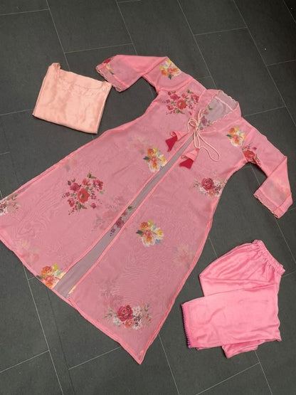 Peach organza silk printed raksha bandhan special pant suit with shrug