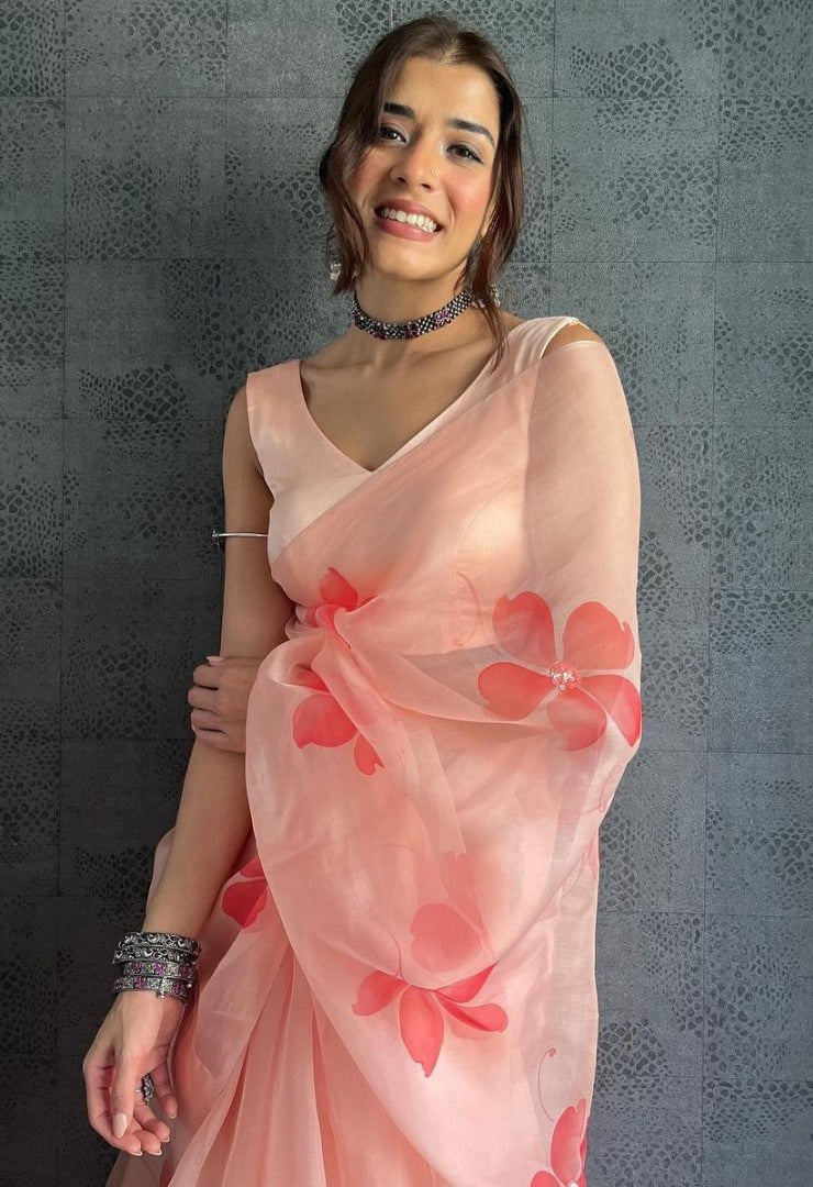Peach organza silk printed saree