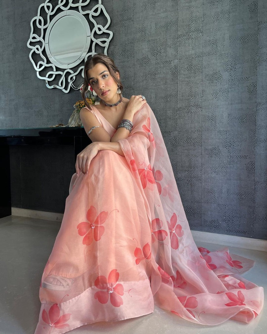 Peach organza silk printed saree