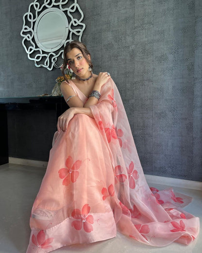 Peach organza silk printed saree