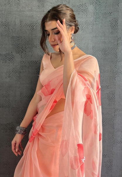 Peach organza silk printed saree