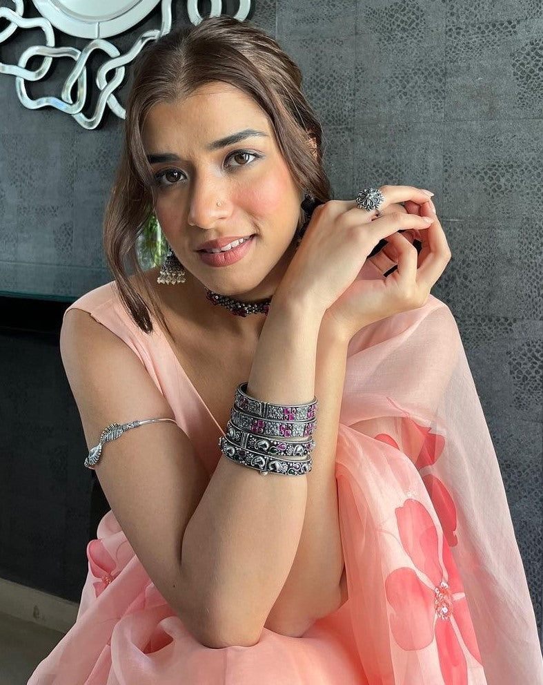 Peach organza silk printed saree