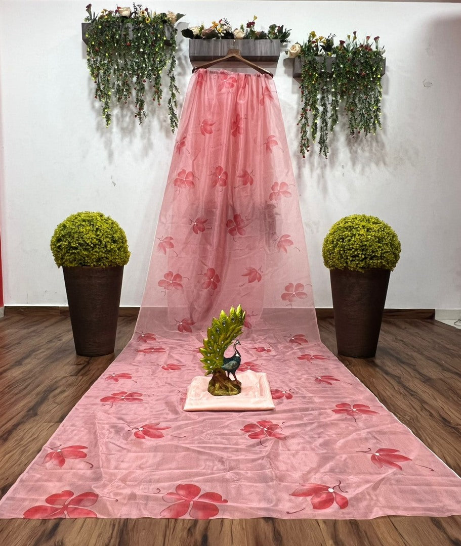 Peach organza silk printed saree