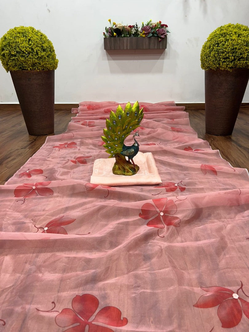 Peach organza silk printed saree