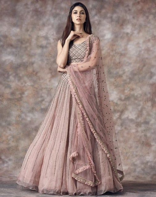 Peach organza silk sequence work wedding lehenga choli