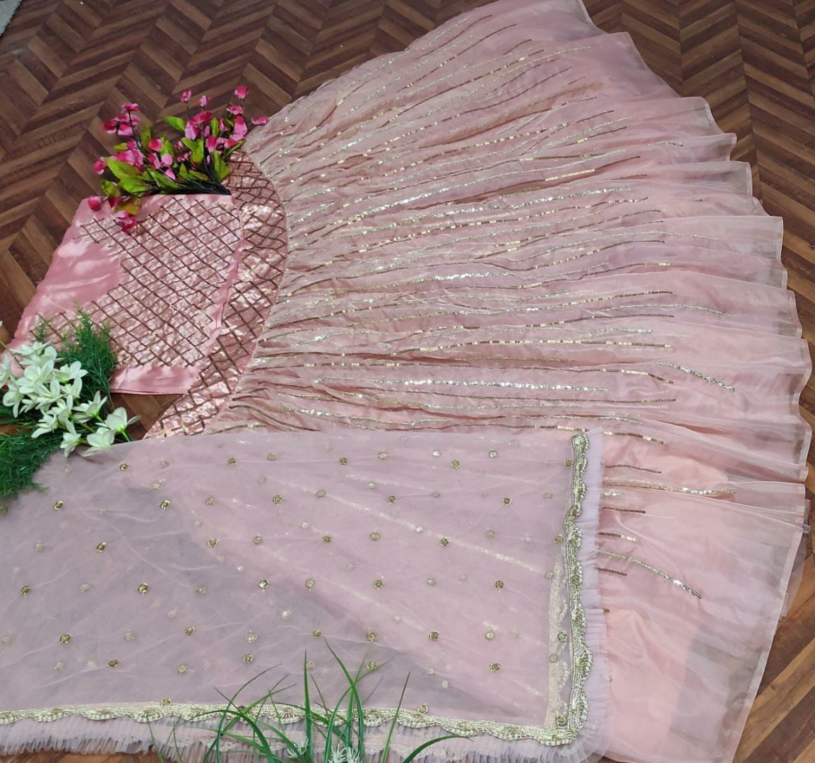 Peach organza silk sequence work wedding lehenga choli