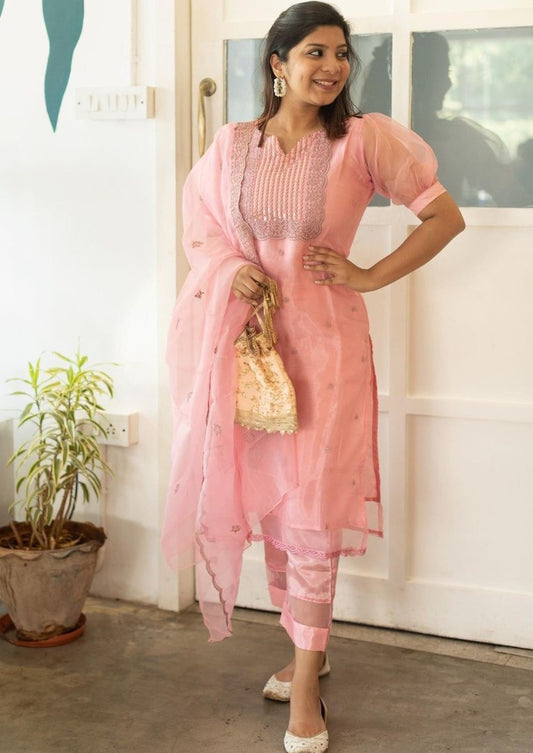 Peach organza thread and sequence embroidered salwar suit