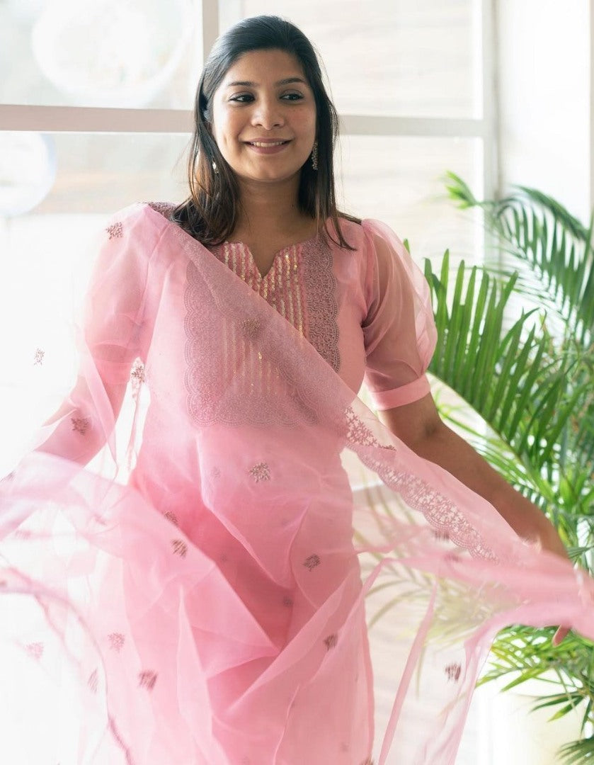 Peach organza thread and sequence embroidered salwar suit