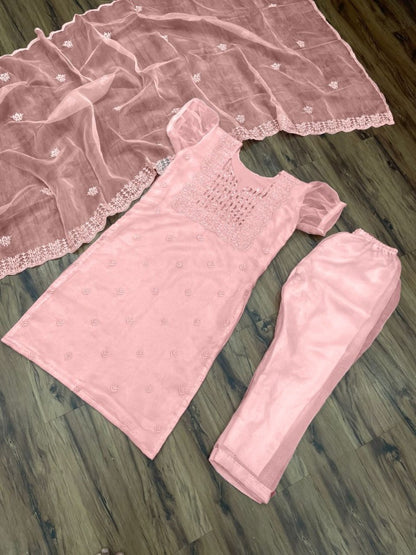 Peach organza thread and sequence embroidered salwar suit