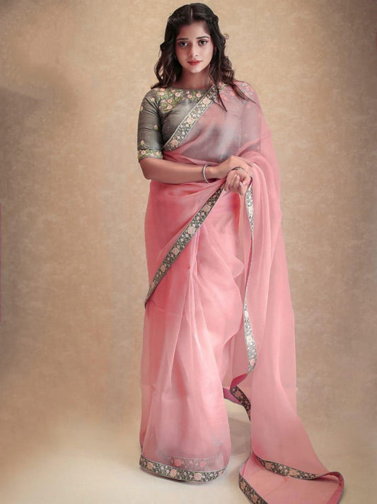 Peach orgenza net embroidered party wear saree