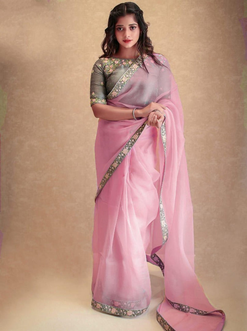 Peach orgenza net embroidered party wear saree