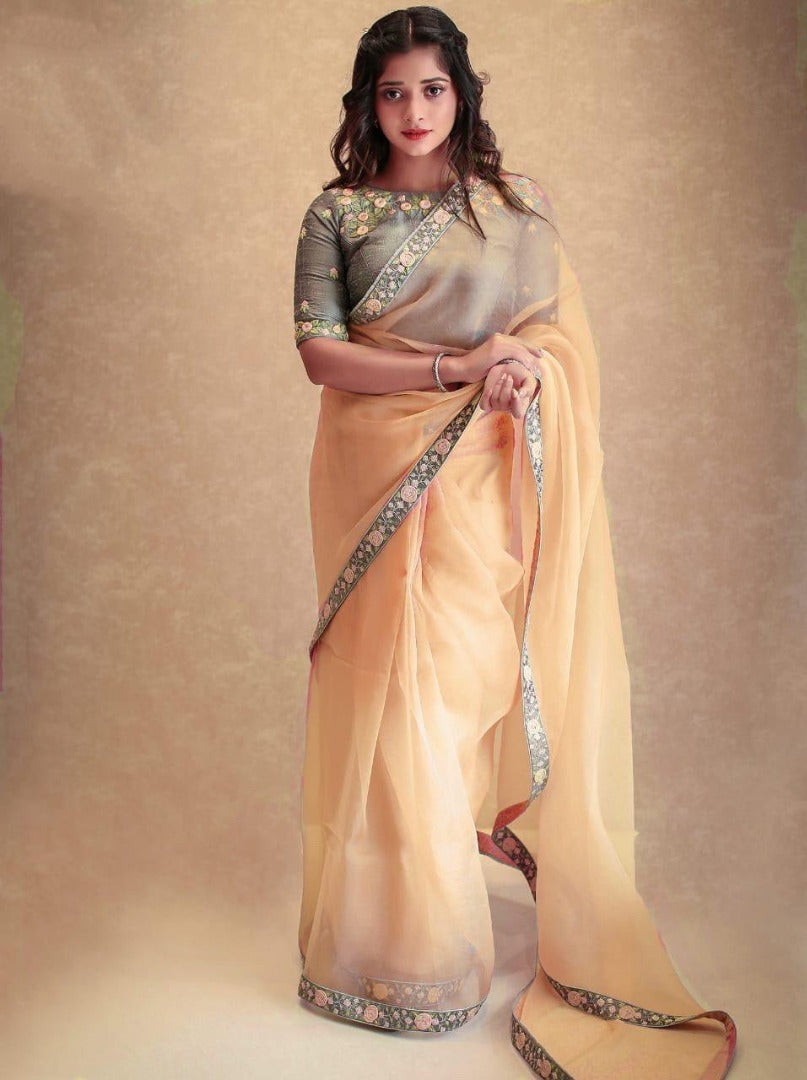 Peach orgenza net embroidered party wear saree