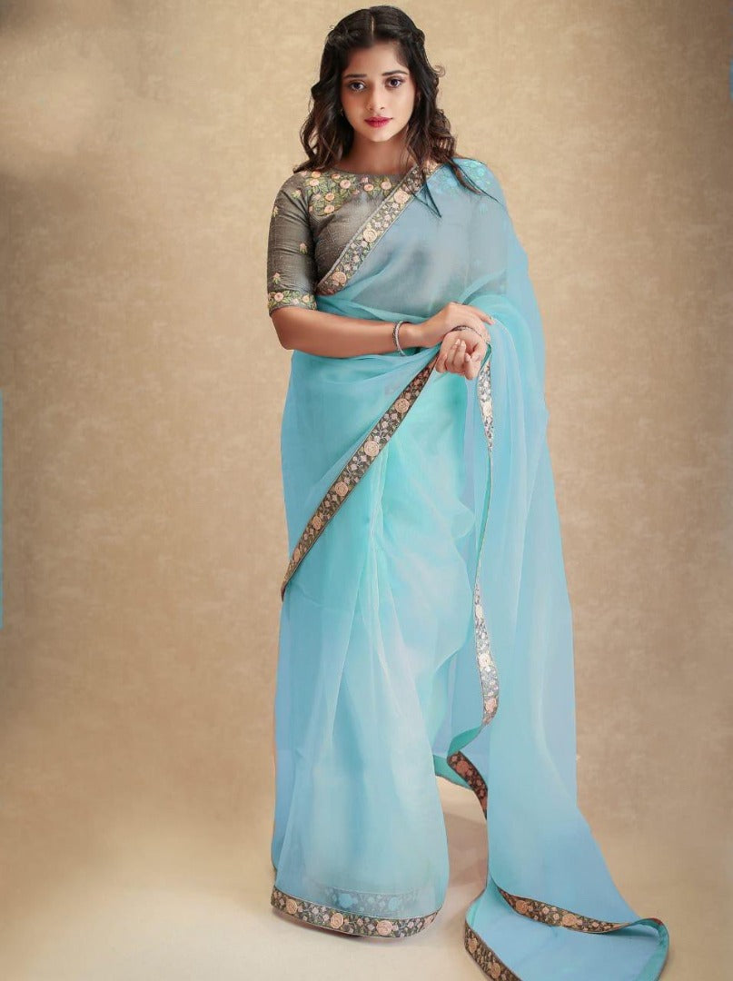 Peach orgenza net embroidered party wear saree